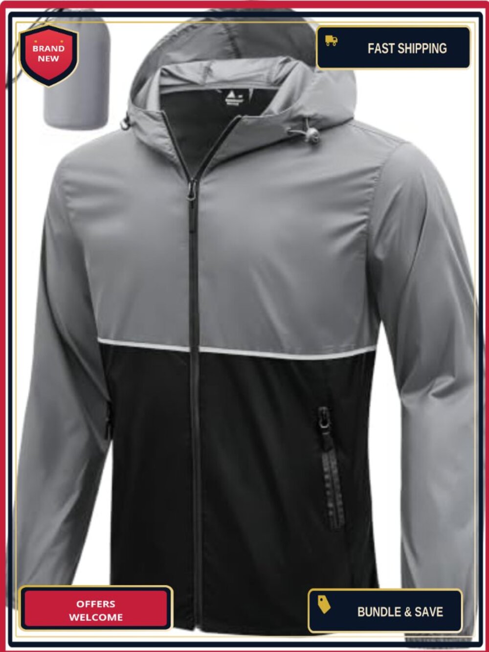 Waterproof Windproof Packable Rain Jacket with Reflective Stripes